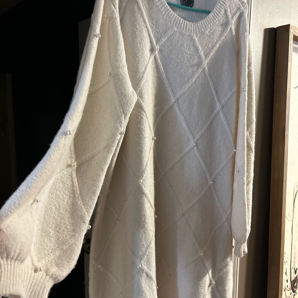 ARULA Cream Long Sleeve Dress with Pearl Details